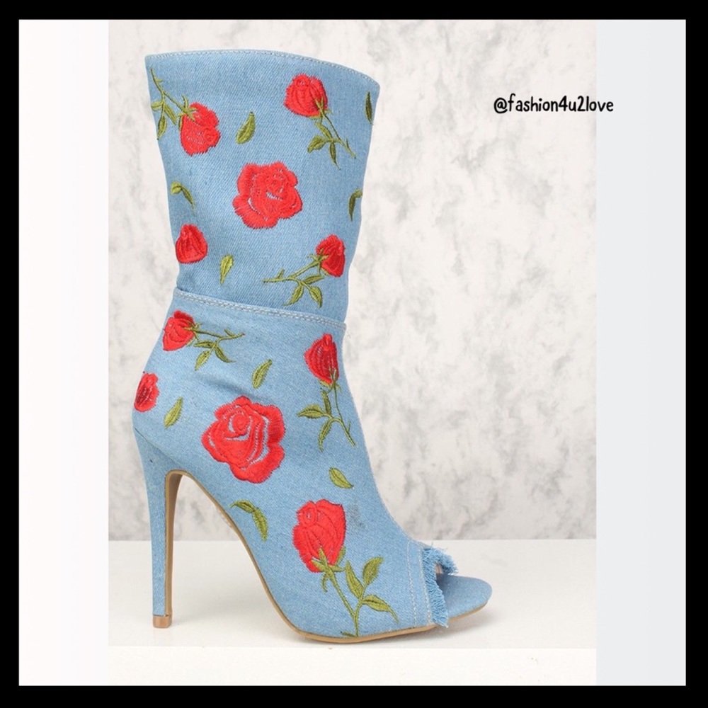 ❤️Size 6.5 Floral Embroidered Mid Calf Booties - Picture 4 of 6
